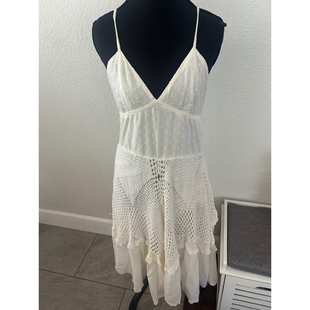 Y2K boho Flower White Cotton Swiss Dot Crochet Midi Dress Small Smocked Back